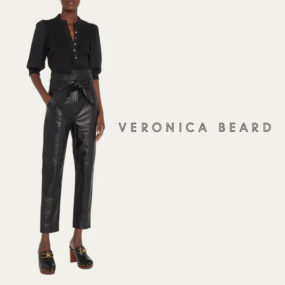 VERONICA BEARD Izera Straight-Leg Paper Bag Leather Pants Black 4 NWOT